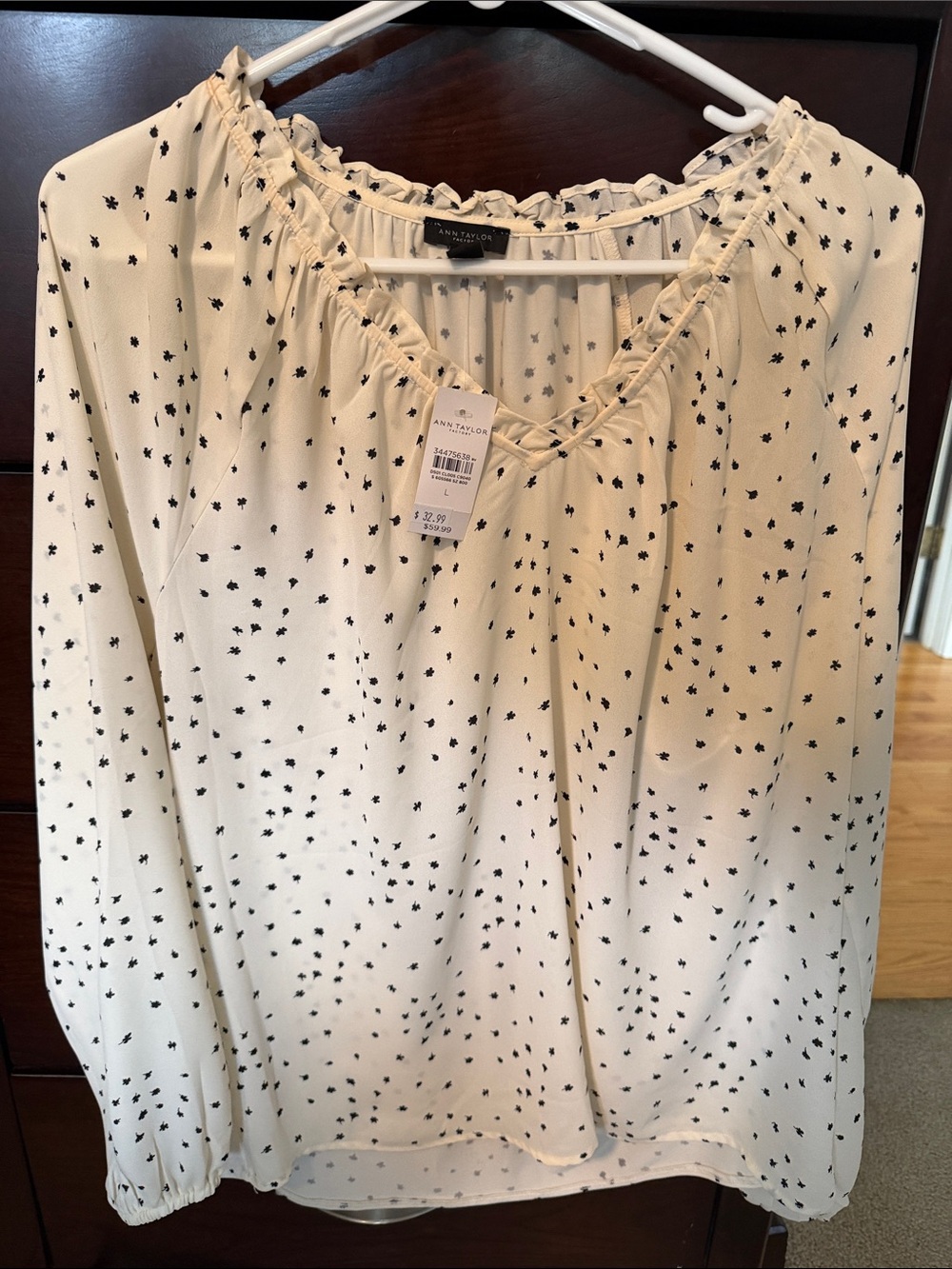 Ann Taylor Cream Blouse with Black Micro Dot Print